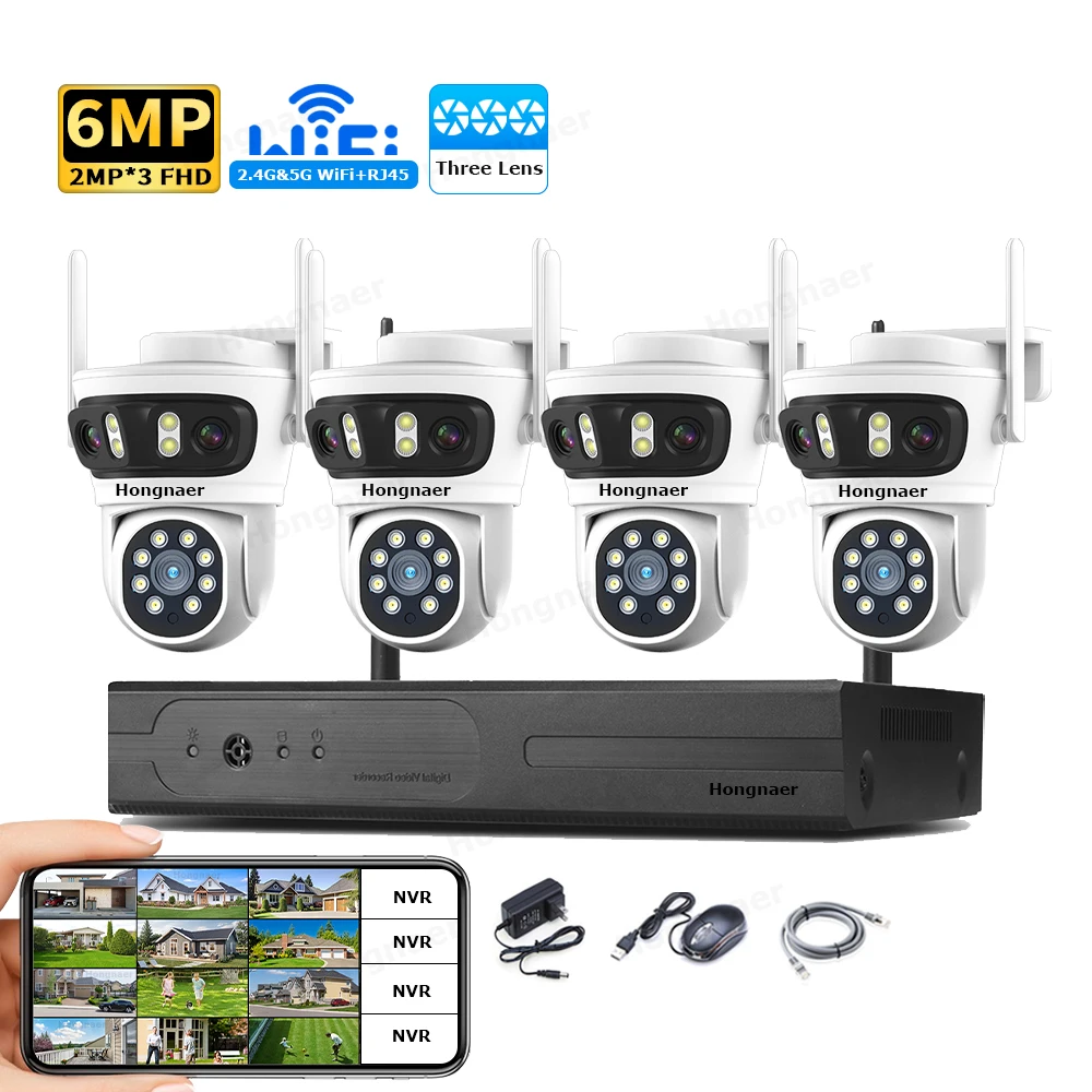 Home Security Wifi Camera - 2026 Hongnaer 6MP 4CH 3-lens 2.4G
